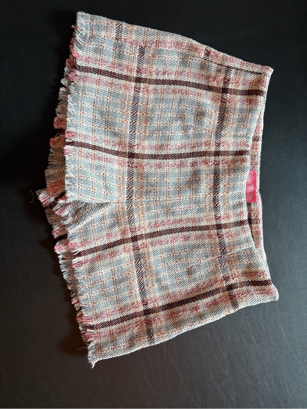 Sugar Thrillz Pink and Cream Plaid Tweed Mini Skirt with Fringe
